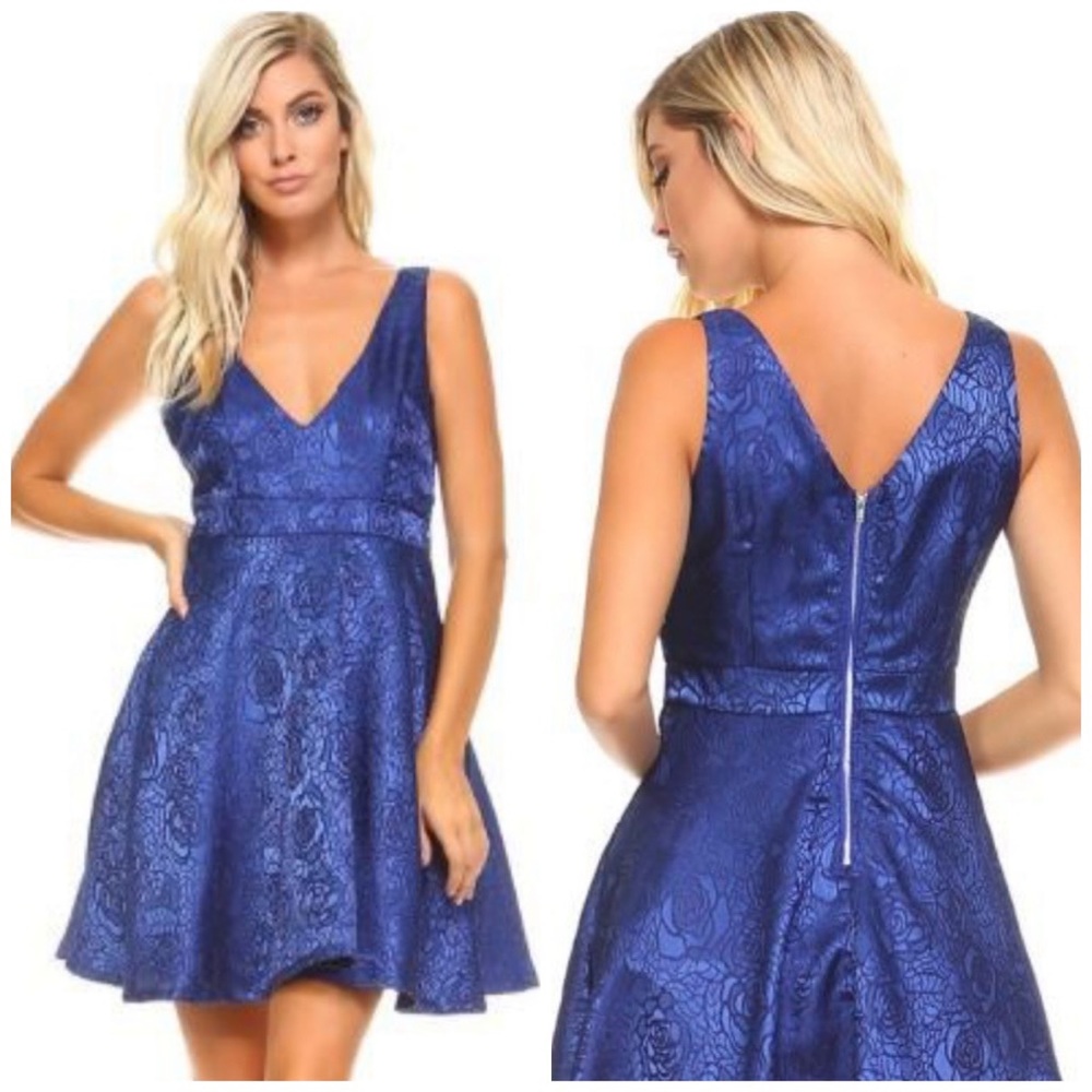 BLUE DEEP V-NECK METALLIC FLORAL PRINT DRESS
